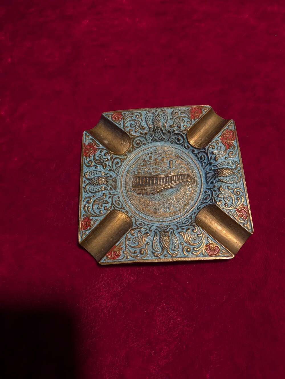 Vintage Decorative Brass-Accent Ashtray in Blue and Gold